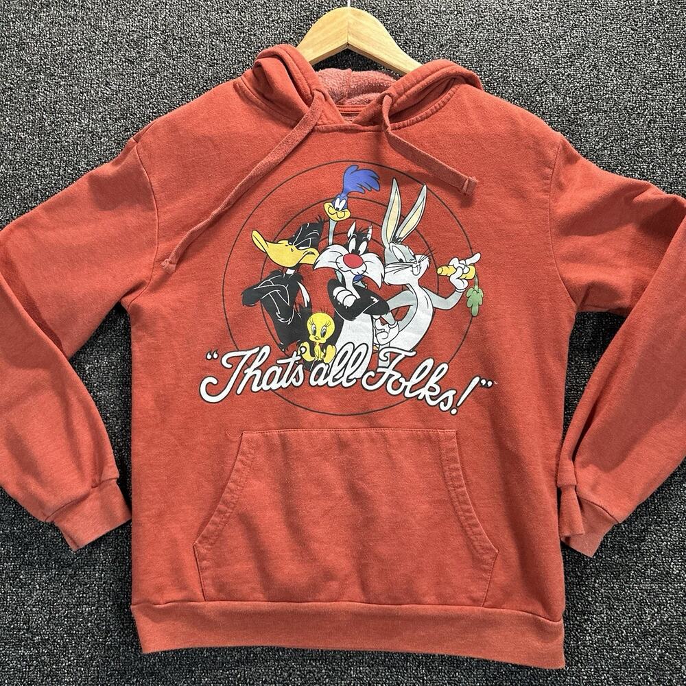 Looney Tunes Thats All Folks Graphic Hoodie Orange Bugs Bunny Daffy Duck M 7-9